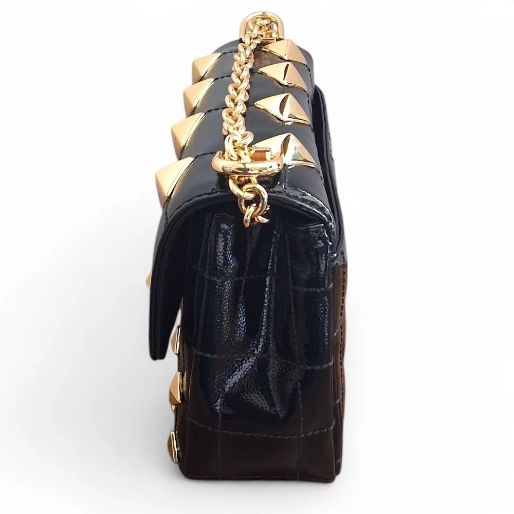 Michael Kors Whitney Studded Patent Leather Shoulder Bag Black Gold
